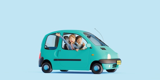 Een man en vrouw rijden vrolijk en zelfverzekerd in de auto en zwaaien door het raam