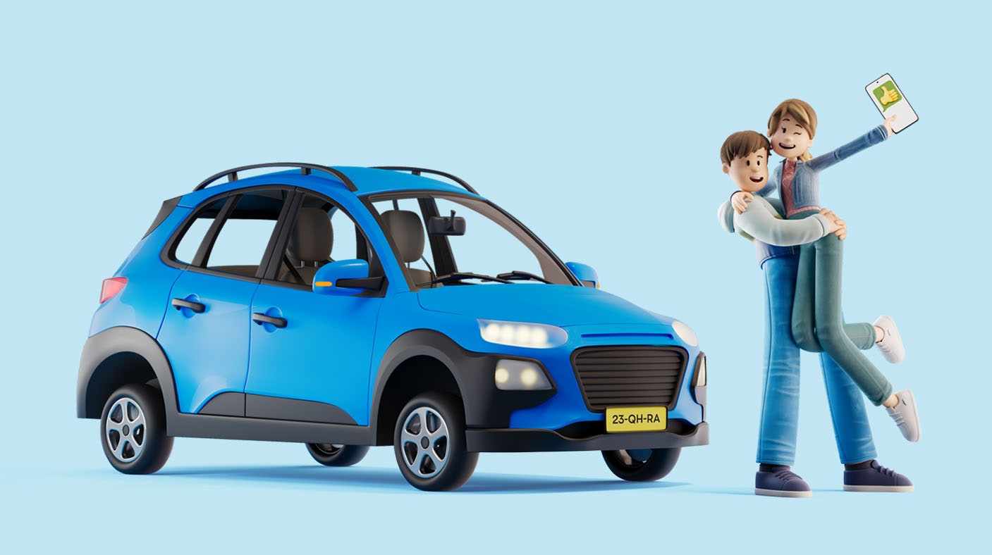 Roos en Matthijs bij een blauwe auto