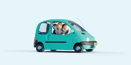 Roos en Matthijs in een blauwe auto