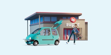 Roos bij een auto bij een supermarkt